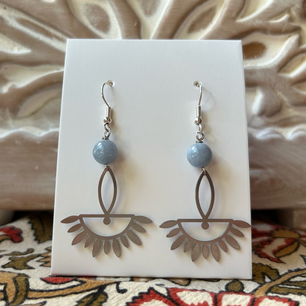 Handmade Aqua Quartz Geometric Boho Earrings -  1.5” Drop - New